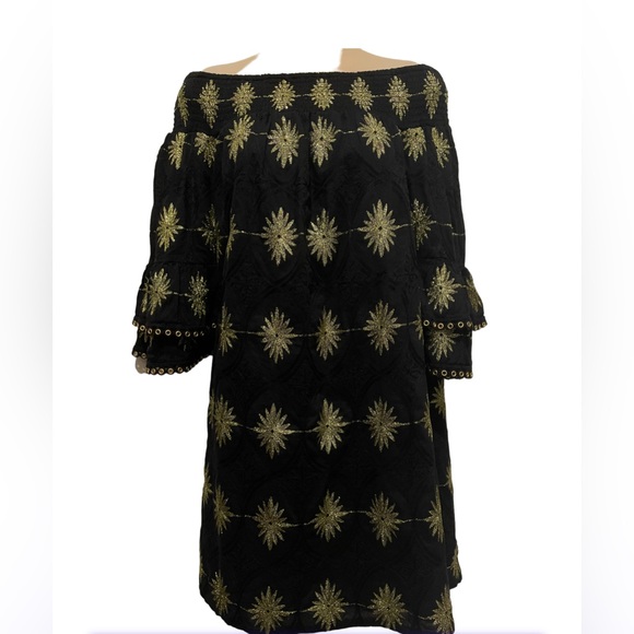 Boston Proper Black Gold Embroidered Off Shoulder Lined Dress Size Medium - Picture 10 of 12